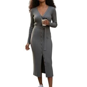 Hera Collection Grey Ribbed Bodycon Sweater Dress Faux Button Slit Size L